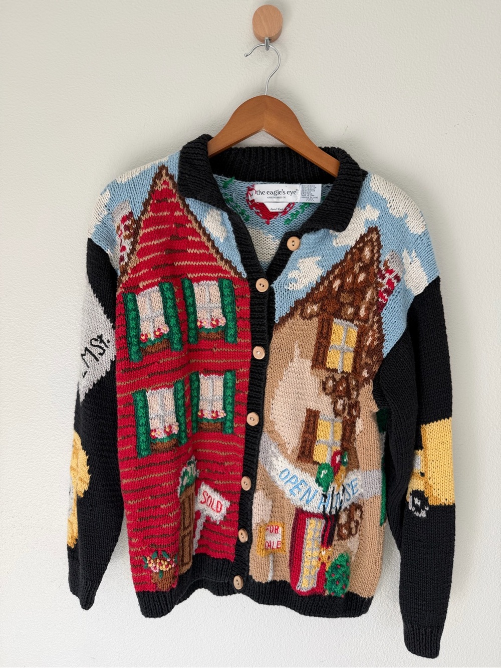 Vintage The Eagle's Eye Hand Knit Real Estate House Cardigan Sweater